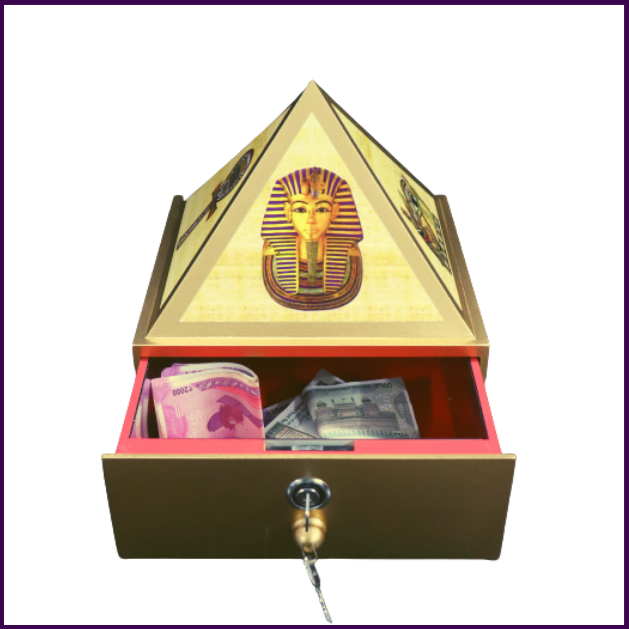 10inch Base - Wish | Cash MDF Wooden Pyramid Box With Safe Lock-key and Egyptian Stickers - 51pyramids