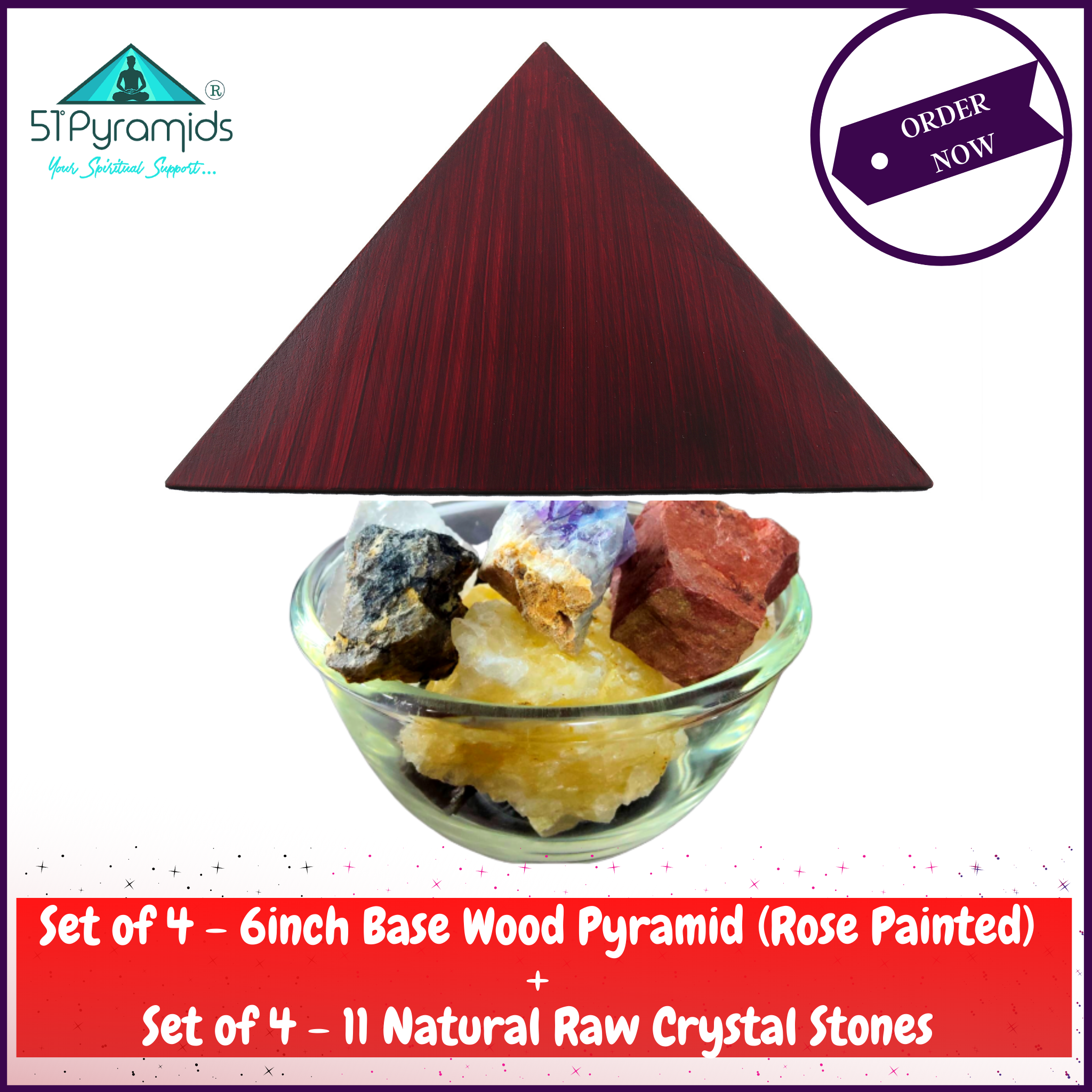 ENERGIZE YOUR HOME with 4 Corner Wood Pyramids (Rose Wood Painted) & 44 Natural Rough Stone Crystals - 51pyramids