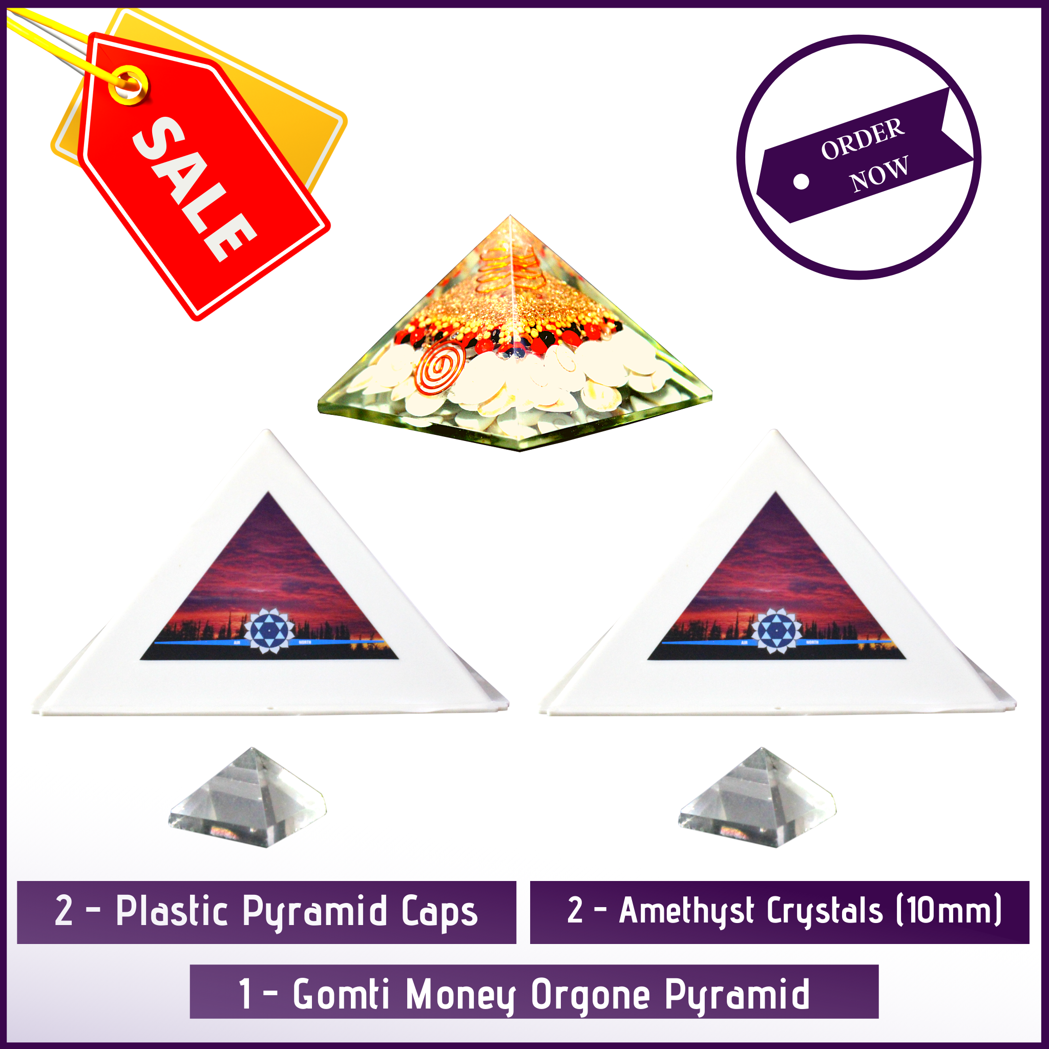 MeditationBasics (Kit F) - 2 Pyramid Meditation Head Caps + 2 Clear Quartz Crystal Pyramid (10mm) + 1 Gomti Money Orgone Crystal Pyramid For Attracting Abundance Wealth in Life - 51pyramids
