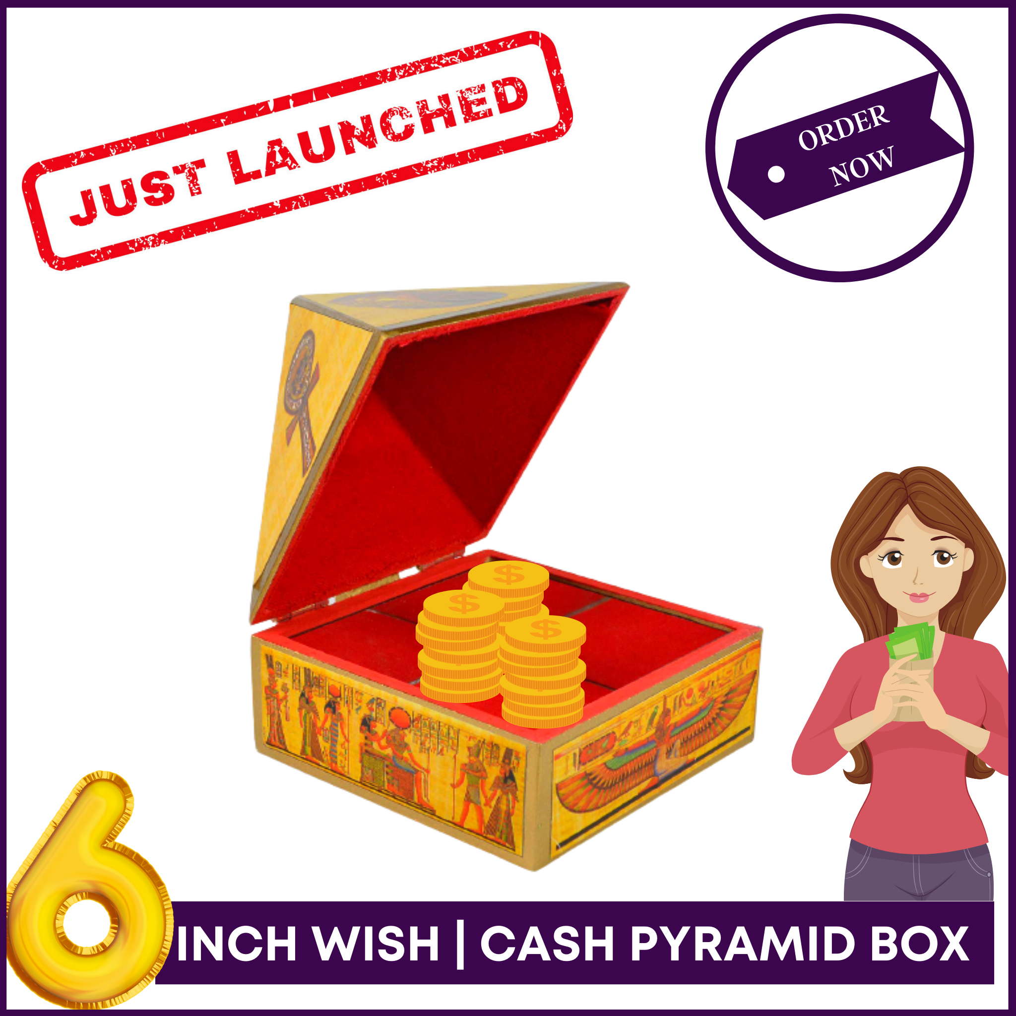 6inch Base - Wish | Cash MDF Wooden Pyramid Box with Egyptian Stickers - 51pyramids