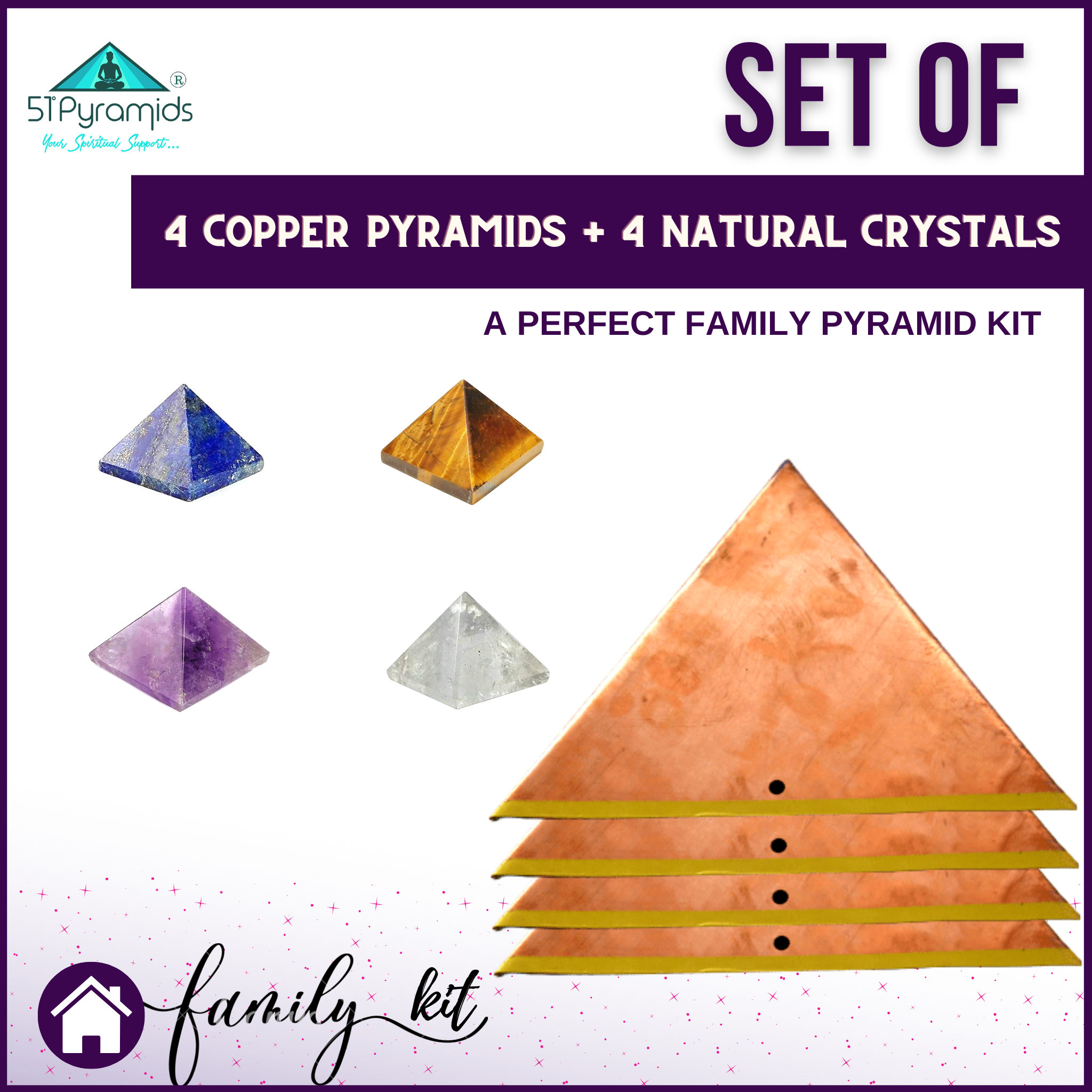 FamilyCombo #2 - Copper Pyramid Meditation Head Caps + Portable Crystals(10mm) for Daily Meditation - Set of 4