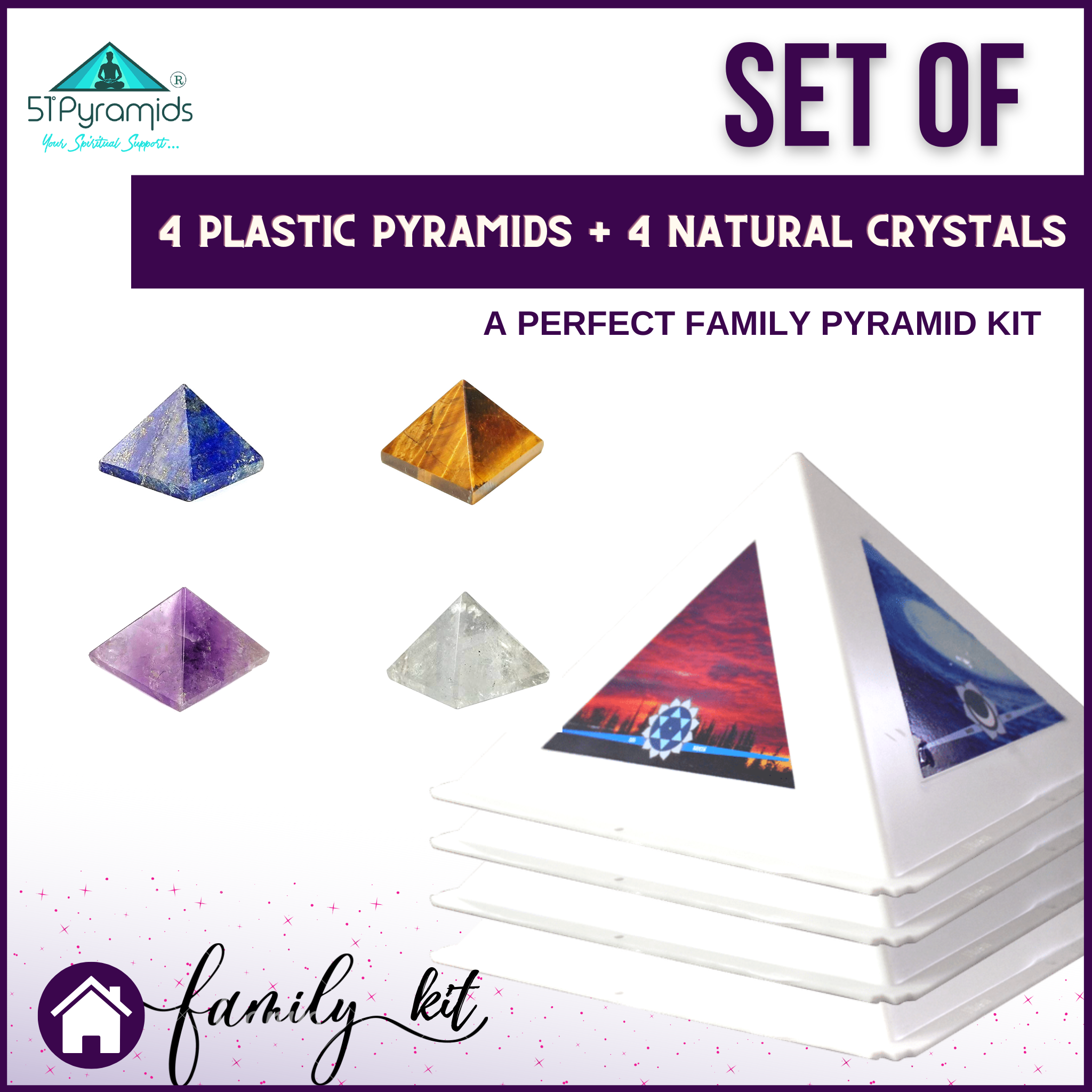 FamilyCombo #1 - Plastic Pyramid Meditation Head Caps + Portable Crystals(10mm) for Daily Meditation - Set of 4