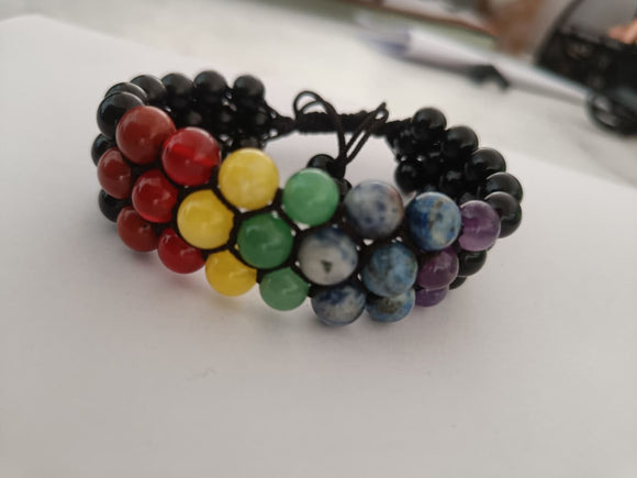 Black Tourmaline & 7 Chakra Bracelet – Adjustable, 3-Layer