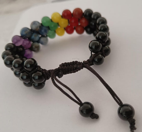 Black Tourmaline & 7 Chakra Bracelet – Adjustable, 3-Layer