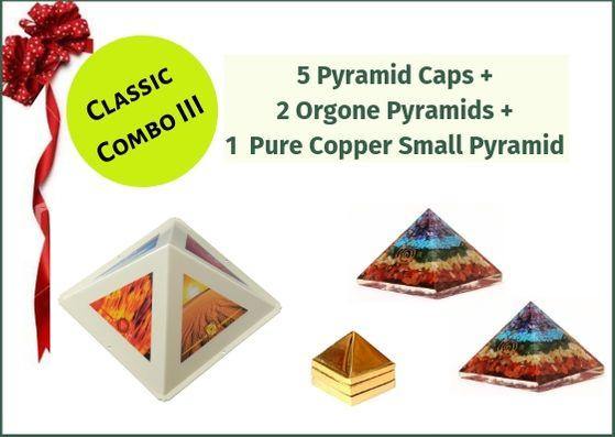 Classic Combo III - Set of 5 Pyramid Caps+ 2 Orgonite Pyramid with 7 Chakra Crystals + 1 Pure Copper Three Layer Vastu Pyramid - 51pyramids