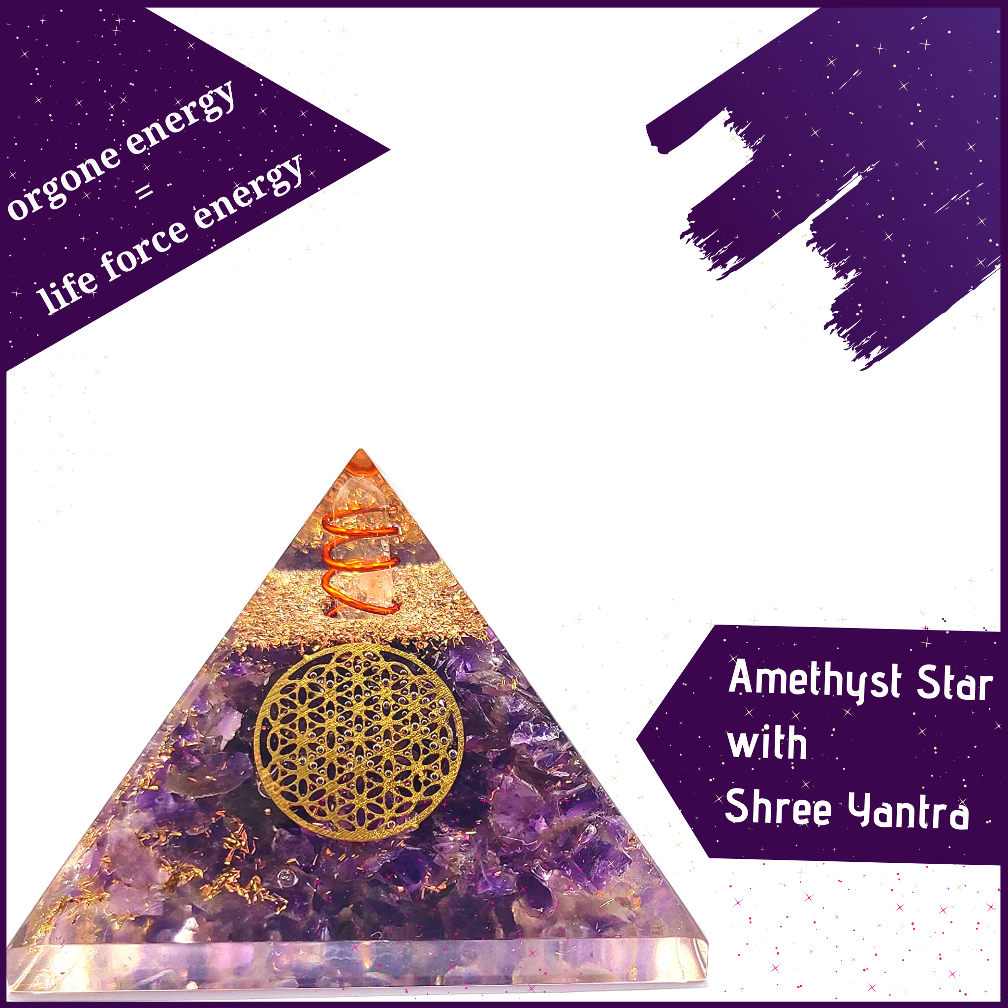 Amethyst Star Orgone Crystal Pyramid with Quartz Crystal and Star Yantra for Chakra Balance and Meditation - 51pyramids