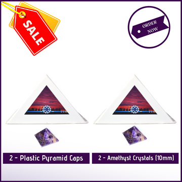 MeditationBasics (Kit B) - 2 Pyramid Meditation Head Caps + 2 Amethyst Crystal Pyramid (10mm) For Complete Healing - 51pyramids
