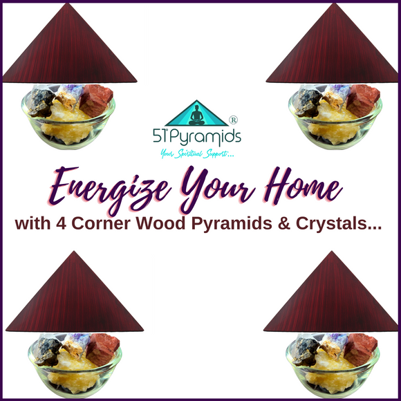 ENERGIZE YOUR HOME with 4 Corner Wood Pyramids (Rose Wood Painted) & 44 Natural Rough Stone Crystals - 51pyramids