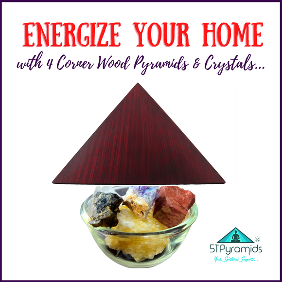ENERGIZE YOUR HOME with 4 Corner Wood Pyramids (Rose Wood Painted) & 44 Natural Rough Stone Crystals - 51pyramids