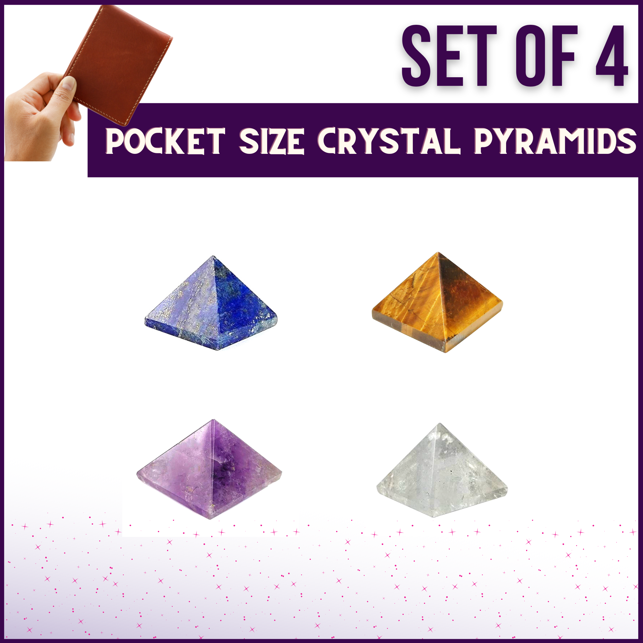 Pocket Size Portable Crystal Pyramids(10mm) For Wallets, Clutches & Handbags - Set of 4