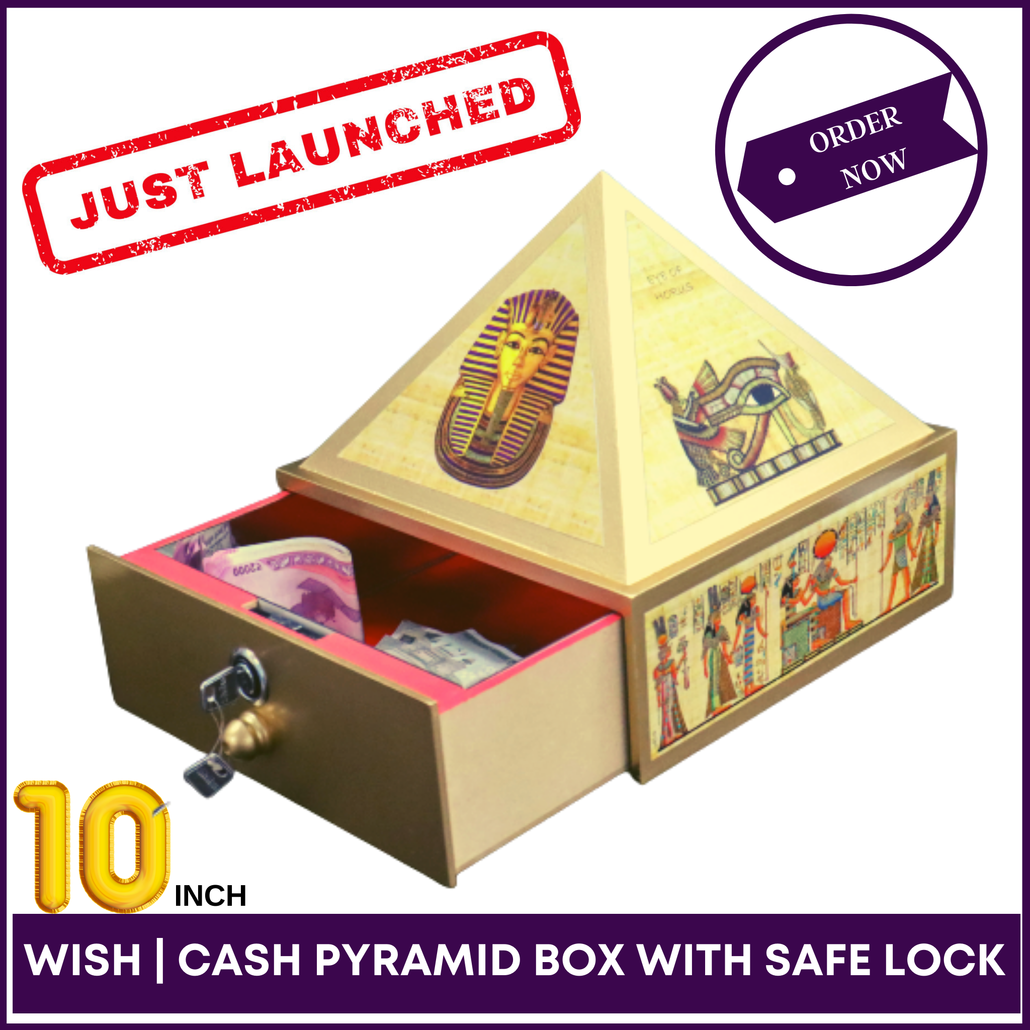 10inch Base - Wish | Cash MDF Wooden Pyramid Box With Safe Lock-key and Egyptian Stickers - 51pyramids