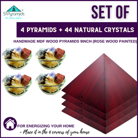 ENERGIZE YOUR HOME with 4 Corner Wood Pyramids (Rose Wood Painted) & 44 Natural Rough Stone Crystals - 51pyramids