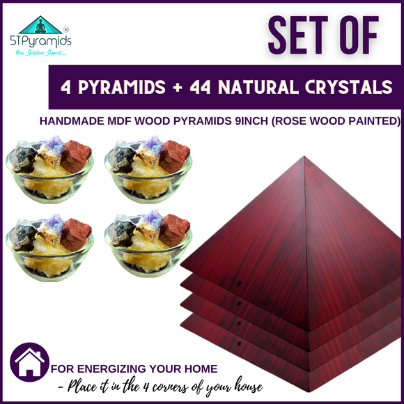 ENERGIZE YOUR HOME with 4 Corner Wood Pyramids (Rose Wood Painted) & 44 Natural Rough Stone Crystals - 51pyramids