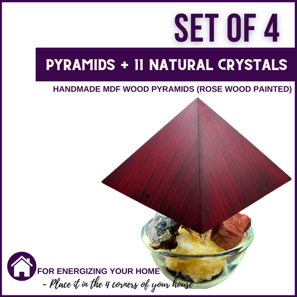 ENERGIZE YOUR HOME with 4 Corner Wood Pyramids (Rose Wood Painted) & 44 Natural Rough Stone Crystals - 51pyramids