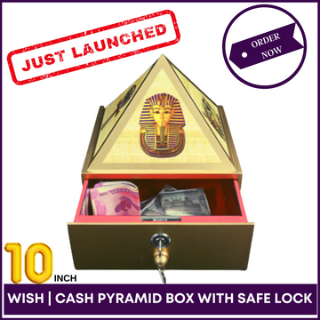 10inch Base - Wish | Cash MDF Wooden Pyramid Box With Safe Lock-key and Egyptian Stickers - 51pyramids