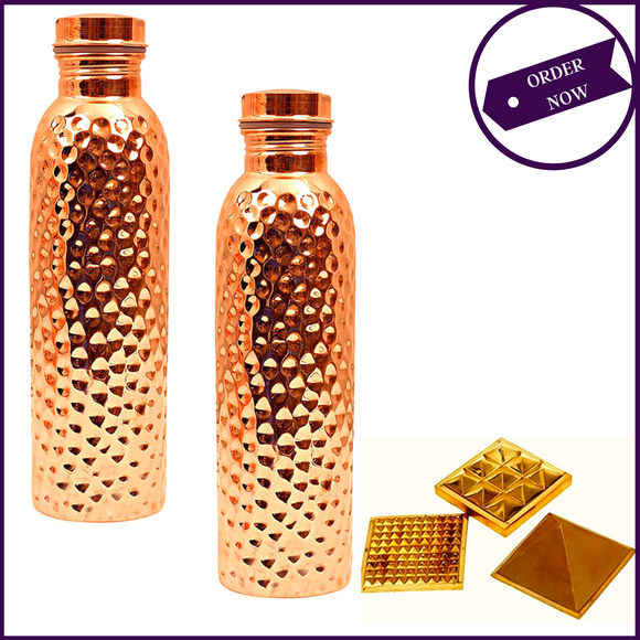Holistic Health Combo 1: Set of 2 - 950ML Copper Hammered Bottle + 1 - 3Layer Vastu Pyramid - 51pyramids