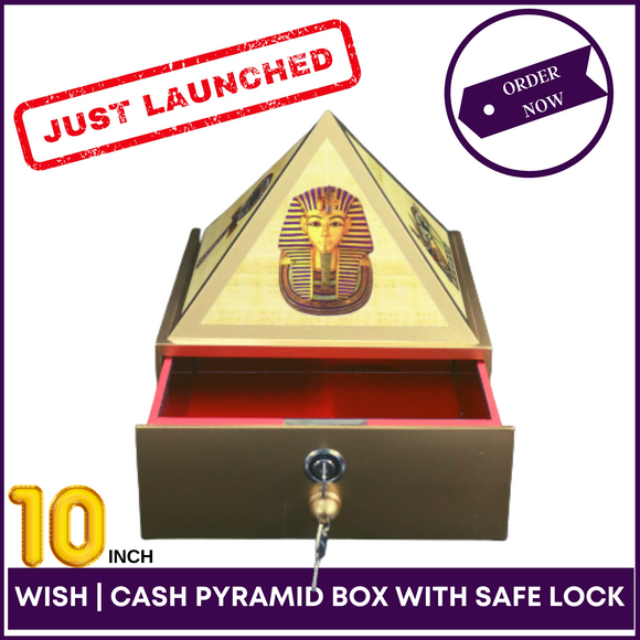 10inch Base - Wish | Cash MDF Wooden Pyramid Box With Safe Lock-key and Egyptian Stickers - 51pyramids