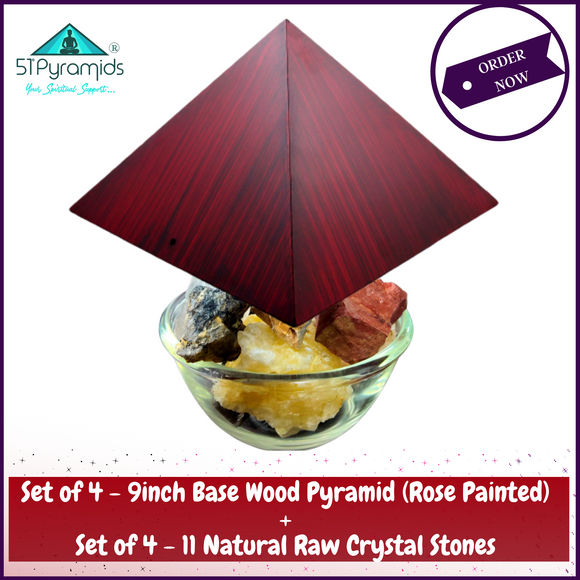 ENERGIZE YOUR HOME with 4 Corner Wood Pyramids (Rose Wood Painted) & 44 Natural Rough Stone Crystals - 51pyramids