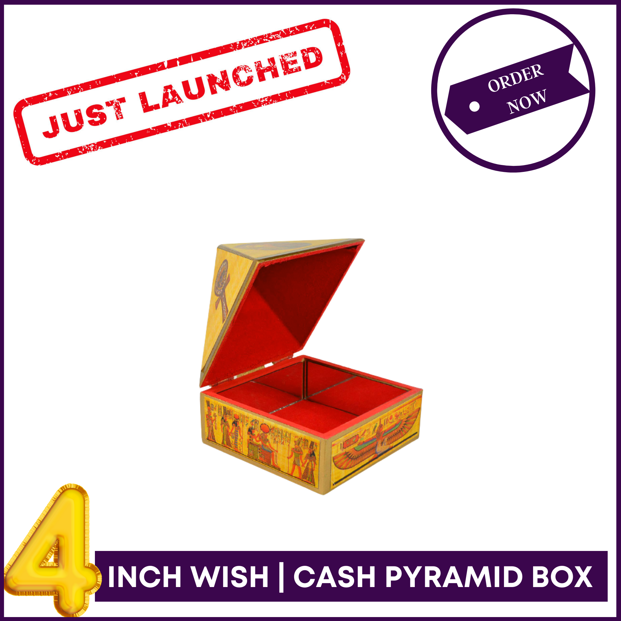 4inch Base - Wish | Cash MDF Wooden Pyramid Box with Egyptian Stickers - 51pyramids