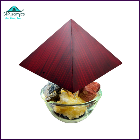 ENERGIZE YOUR HOME with 4 Corner Wood Pyramids (Rose Wood Painted) & 44 Natural Rough Stone Crystals - 51pyramids