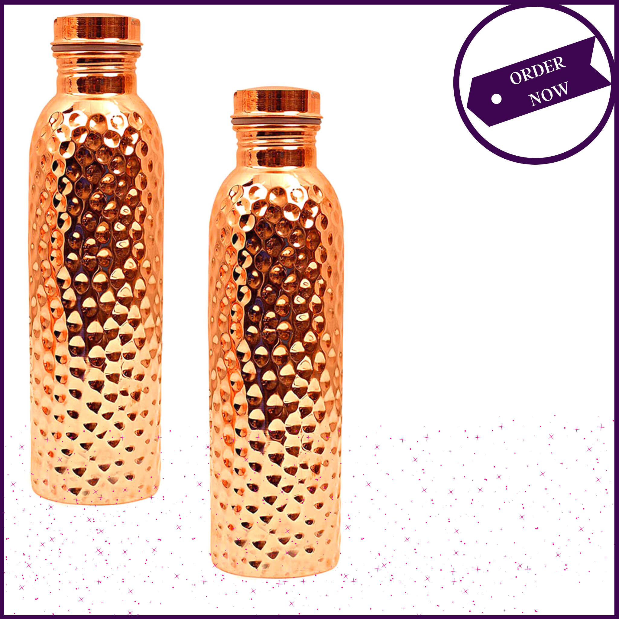 Set of 2 - 950ml Copper Hammered Bottle (100% Pure) Ayurvedic Benefits Seamless - 51pyramids