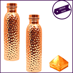 Holistic Health Combo 1: Set of 2 - 950ML Copper Hammered Bottle + 1 - 3Layer Vastu Pyramid - 51pyramids
