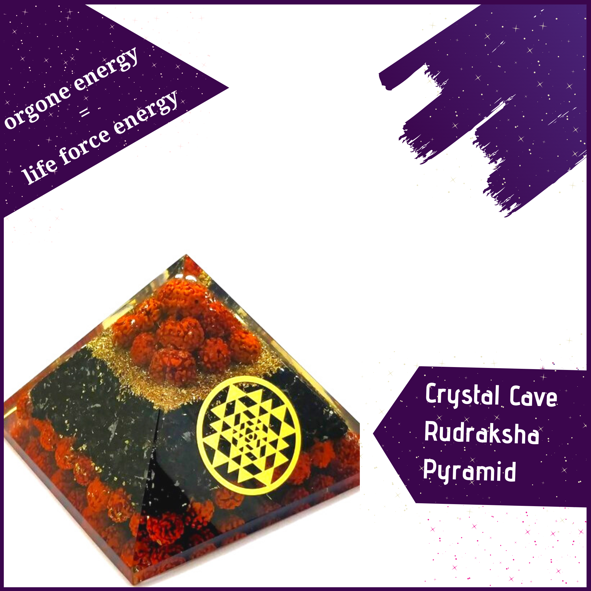 Crystal Cave Rudraksha & Black Tourmaline Orgone Pyramid with Sree Yantra - 51pyramids
