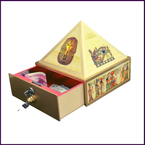 10inch Base - Wish | Cash MDF Wooden Pyramid Box With Safe Lock-key and Egyptian Stickers - 51pyramids