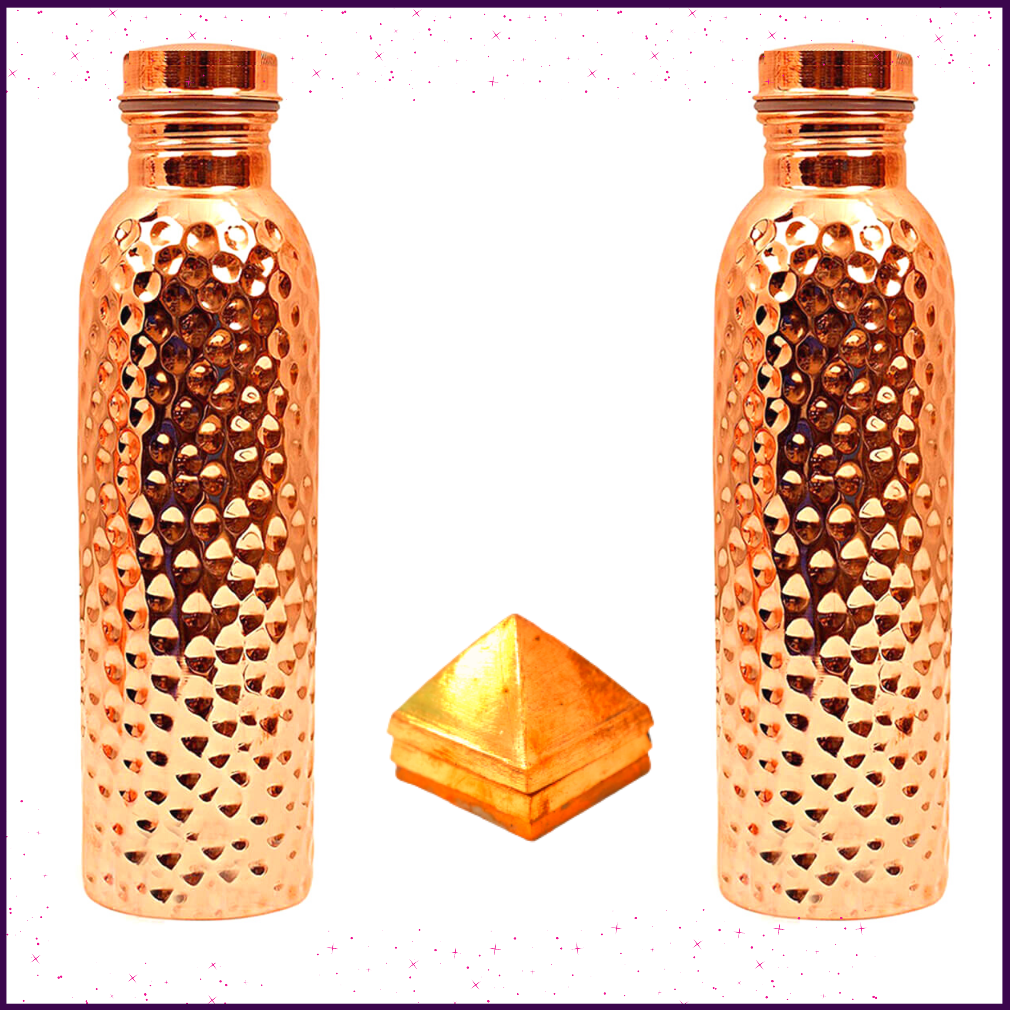 Holistic Health Combo 1: Set of 2 - 950ML Copper Hammered Bottle + 1 - 3Layer Vastu Pyramid - 51pyramids