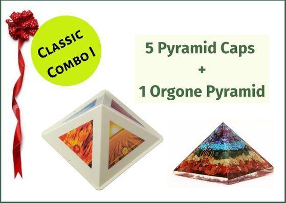 Classic Combo I - Set of 5 Pyramid Caps +1 Orgonite Pyramid with 7 Chakra Crystals - 51pyramids