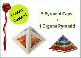 Classic Combo I - Set of 5 Pyramid Caps +1 Orgonite Pyramid with 7 Chakra Crystals - 51pyramids