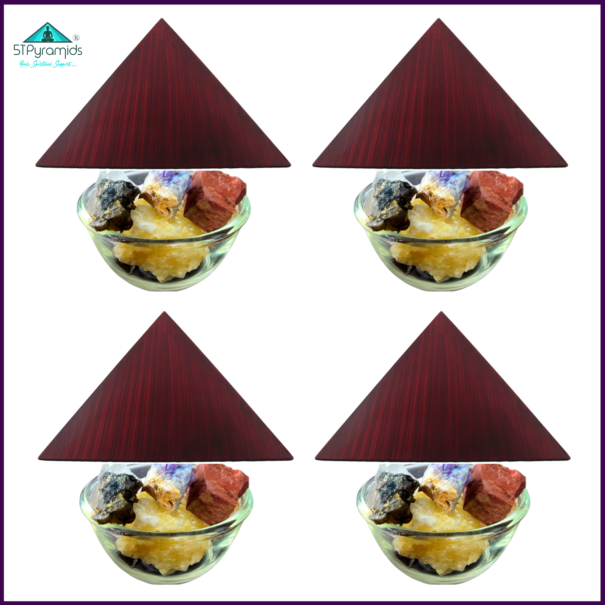 ENERGIZE YOUR HOME with 4 Corner Wood Pyramids (Rose Wood Painted) & 44 Natural Rough Stone Crystals - 51pyramids