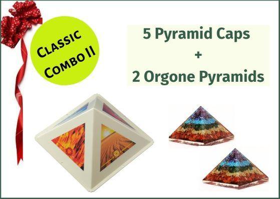 Classic Combo II - Set of 5 Pyramid Caps+2 Orgonite Pyramid with 7 Chakra Crystals - 51pyramids
