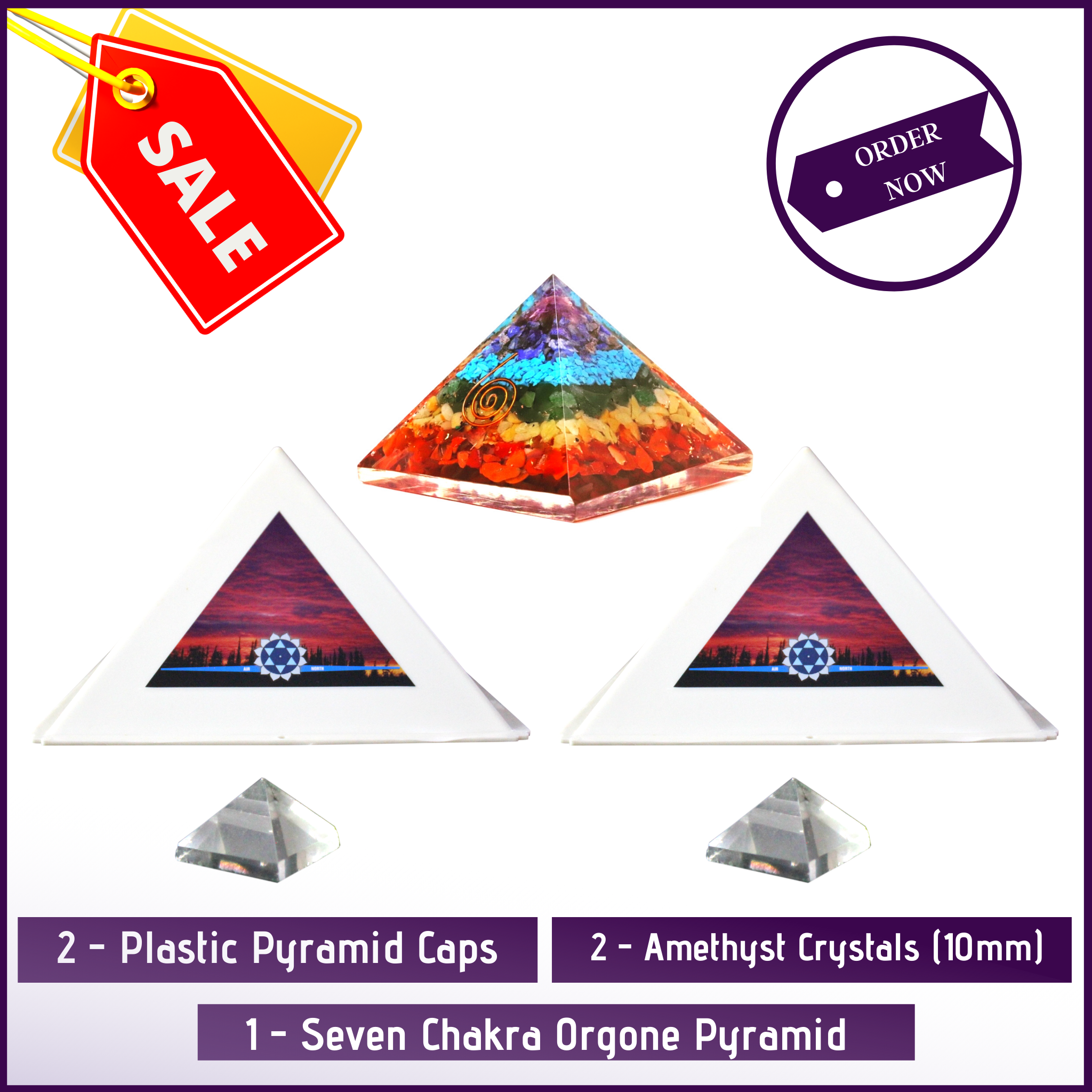 MeditationBasics (Kit E) - 2 Pyramid Meditation Head Caps + 2 Clear Quartz Crystal Pyramid (10mm) + 1 Seven Chakra Orgone Crystal Pyramid - 51pyramids