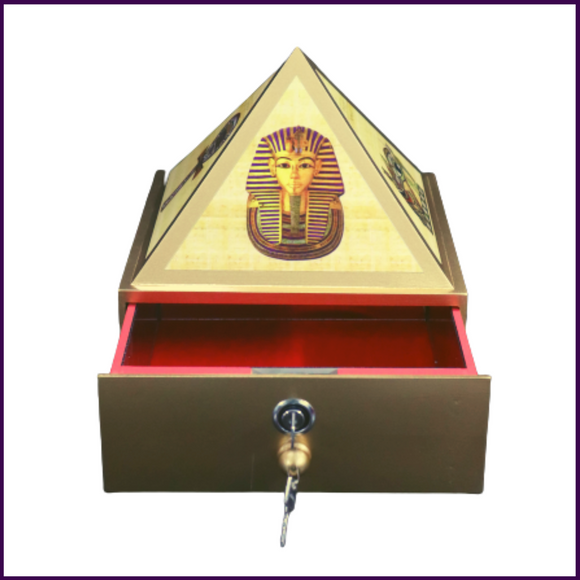 10inch Base - Wish | Cash MDF Wooden Pyramid Box With Safe Lock-key and Egyptian Stickers - 51pyramids