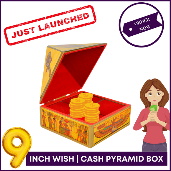 9inch Base - Wish | Cash MDF Wooden Pyramid Box with Egyptian Stickers - 51pyramids