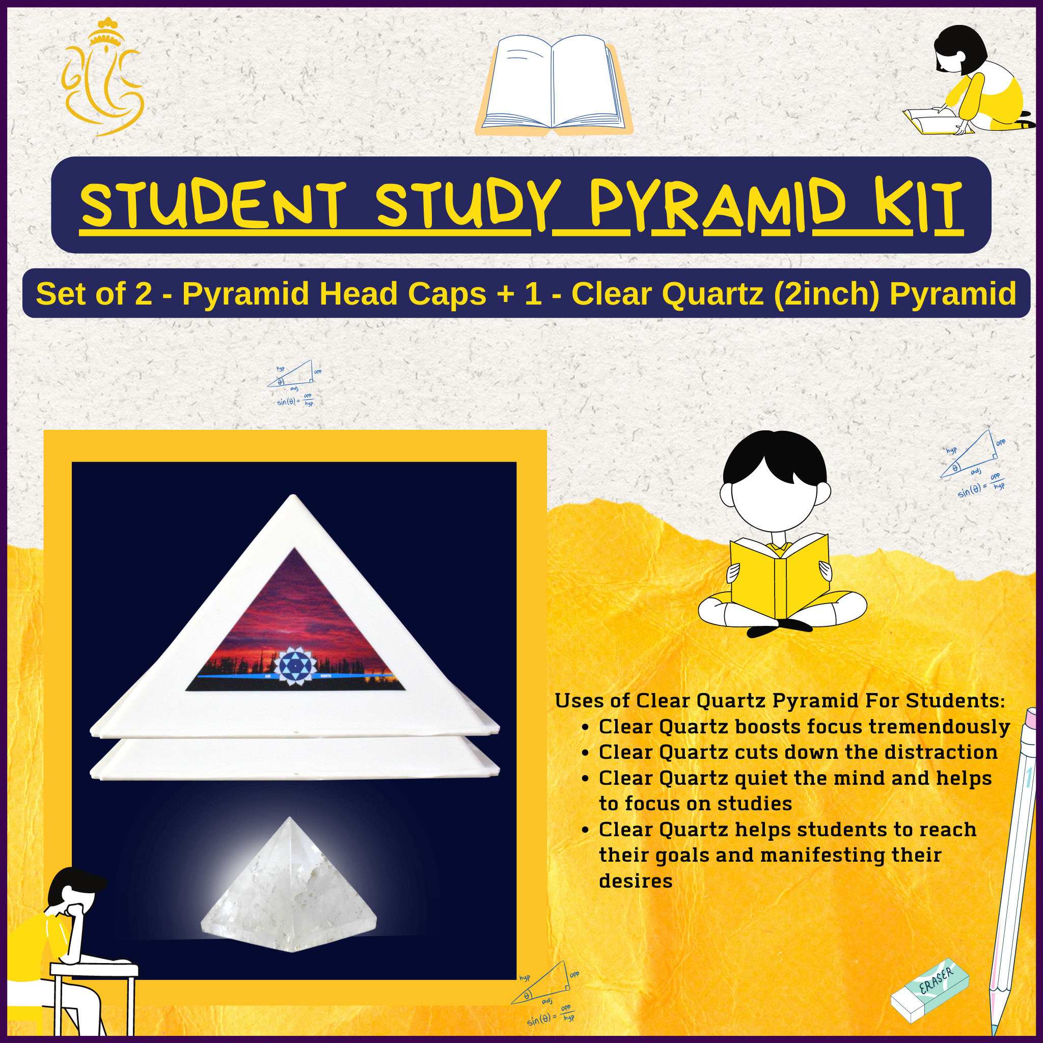 Student Study Pyramid Kit - Set of 2 - Plastic Pyramid Head Caps + 1 - Clear Quartz Pyramid Stone(2inch) for Students For Scoring Good Marks In Exams - Genuine and Certified