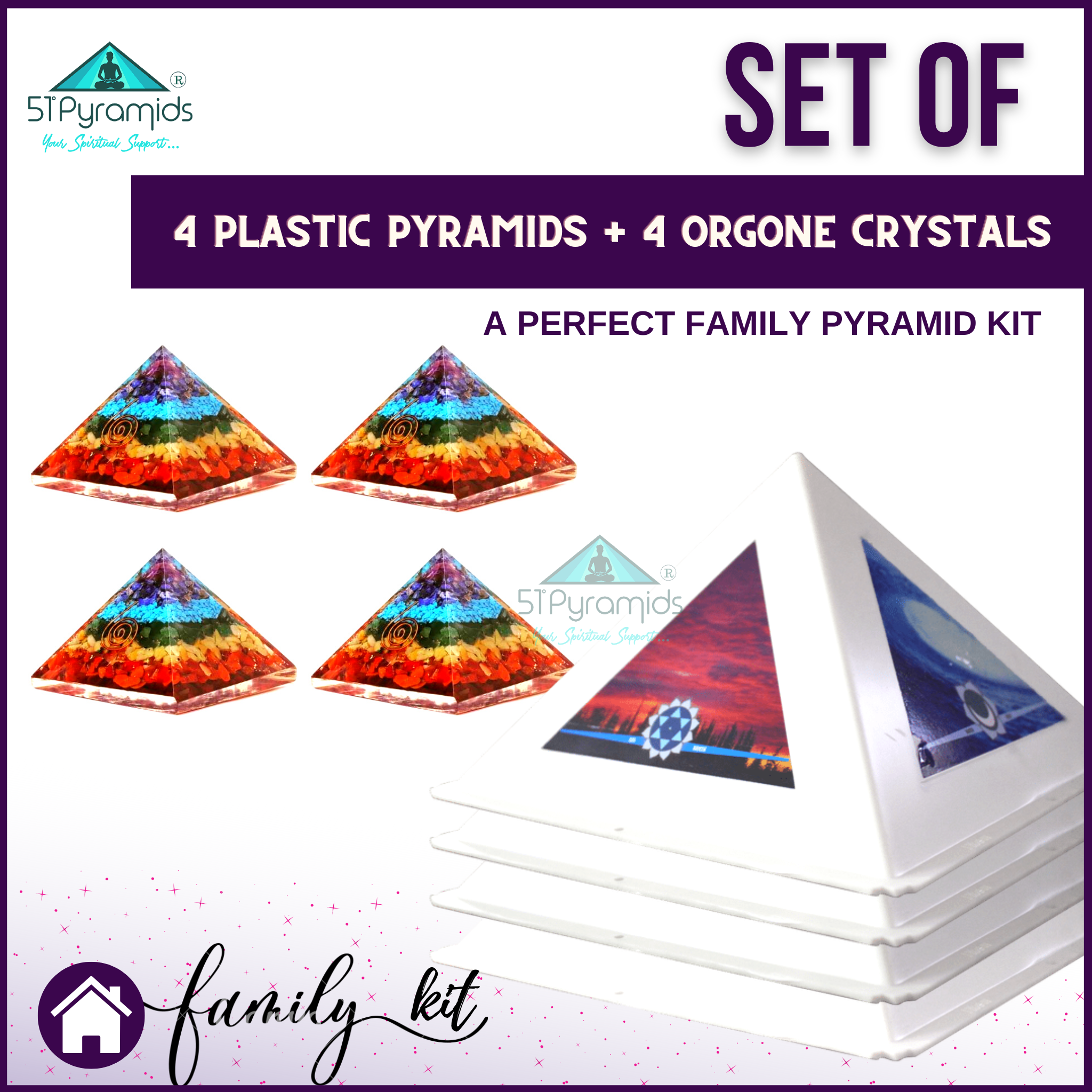 FamilyCombo #3 - Plastic Pyramid Meditation Head Caps + Orgonite Pyramid with 7 Chakra Crystals - Set of 4