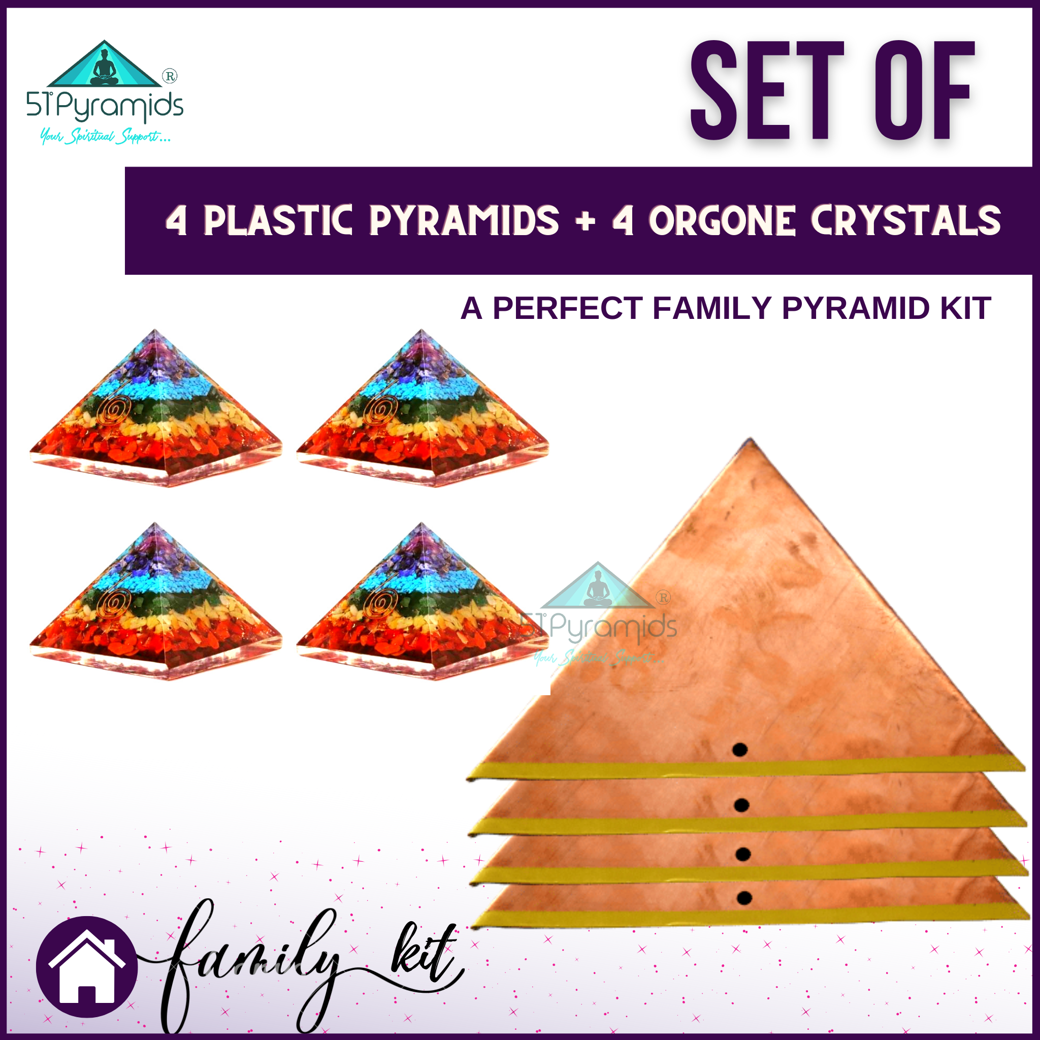 FamilyCombo #4 - Copper Pyramid Meditation Head Caps + Orgonite Pyramid with 7 Chakra Crystals - Set of 4