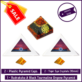MeditationBasics (Kit G) - 2 Pyramid Meditation Head Caps + 2 Tiger Eye Crystal Pyramid (10mm) + 1 Crystal Cave Rudraksha & Black Tourmaline Orgone Pyramid with Sree Yantra For Achieving Deep Meditation State - 51pyramids