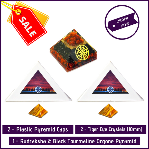 MeditationBasics (Kit G) - 2 Pyramid Meditation Head Caps + 2 Tiger Eye Crystal Pyramid (10mm) + 1 Crystal Cave Rudraksha & Black Tourmaline Orgone Pyramid with Sree Yantra For Achieving Deep Meditation State - 51pyramids